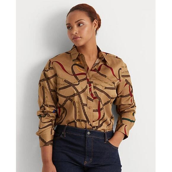 Lauren Ralph Lauren Black Label XS Belting Print Cotton Shirt Equestrian Blouse - Picture 7 of 10